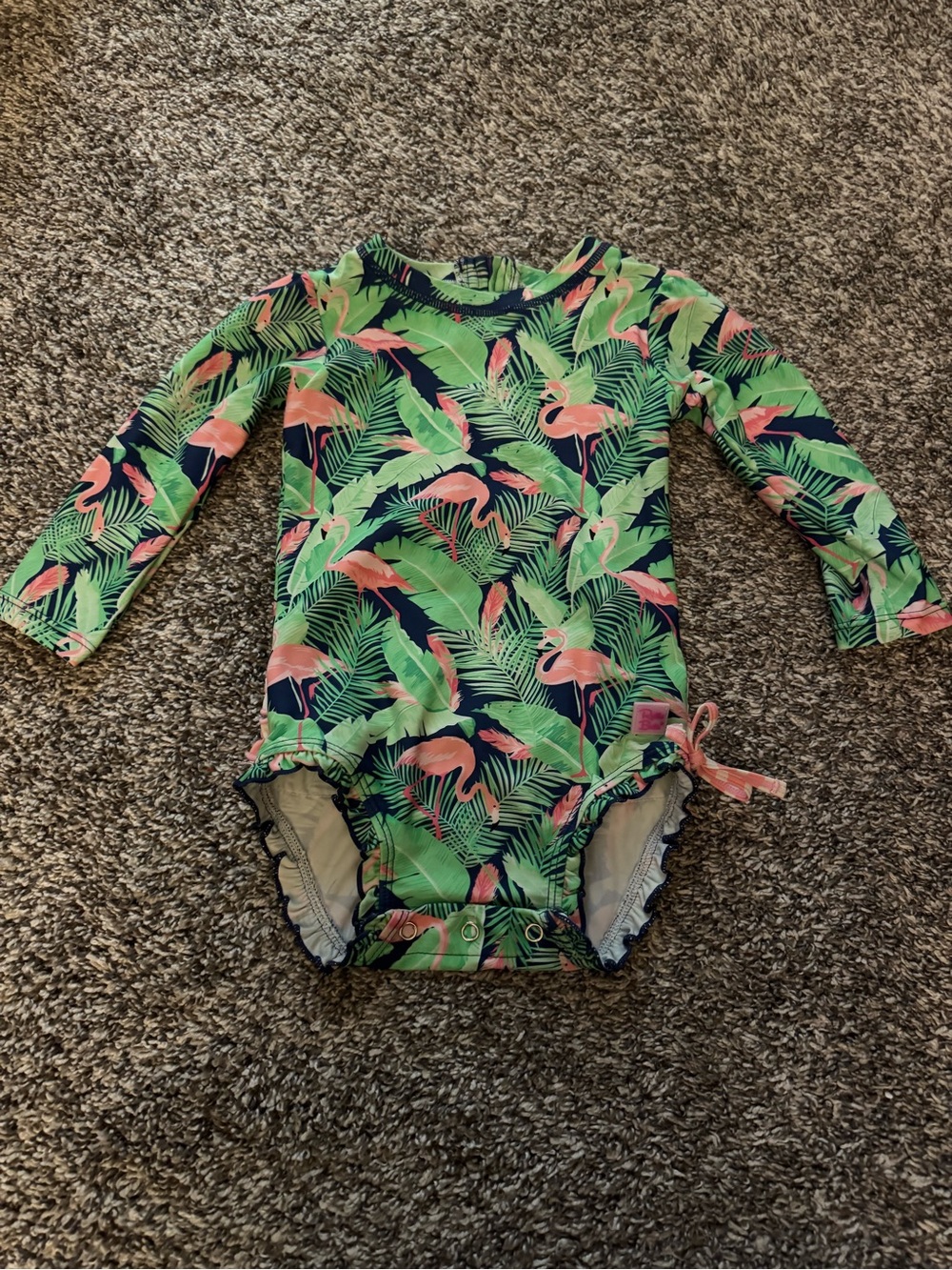 Ruffle Butts Long-Sleeve Flamingo Leaf One-Piece Swimsuit - Pink & Green & Navy
